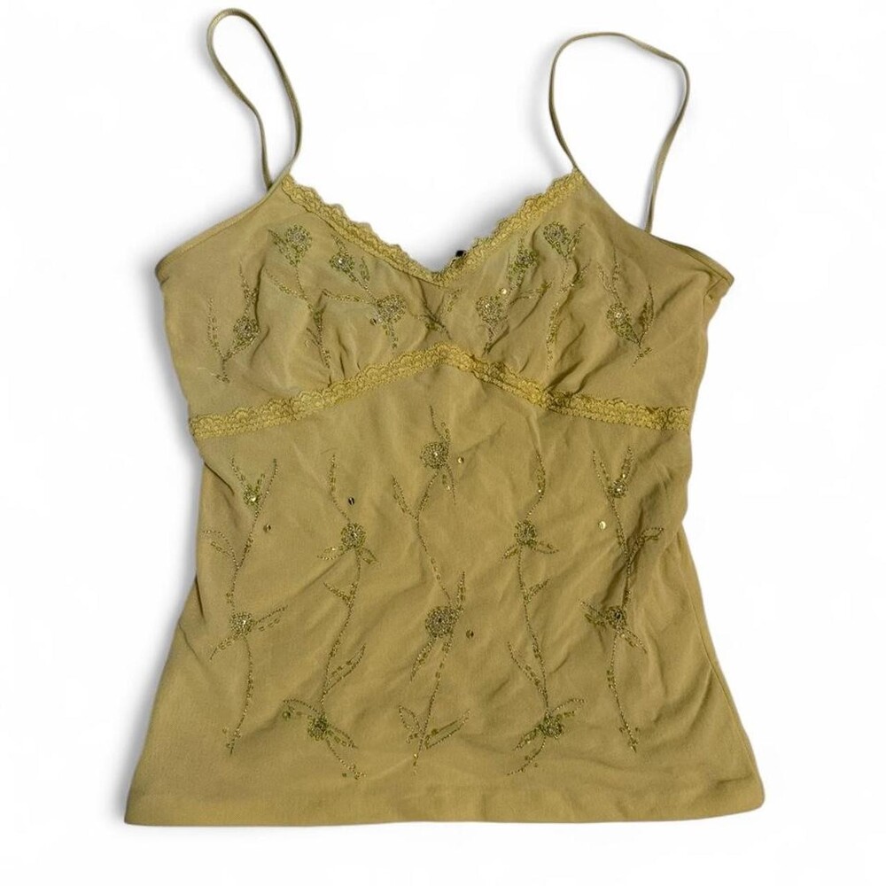 Ann Taylor yellow cami top with floral embroidery and lace trim #cami #embroider